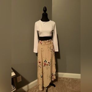 Boho Floral Tie Up Waist Wrap Cover Up Maxi Skirt Long Sleeve White Blouse.